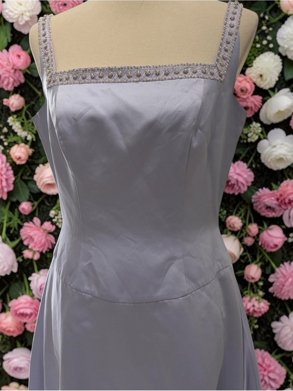Elegant Periwinkle Square-Neck Satin Wedding Bridesmaid Dress with Beaded Straps - Picture 2 of 10